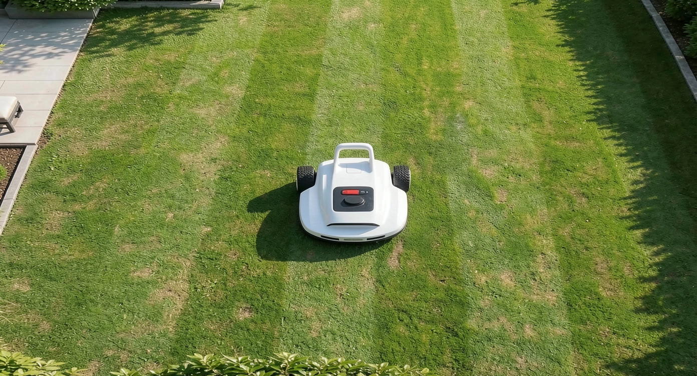 Le robot VERDA s'éloigne en laissant des lignes de tonte nettes